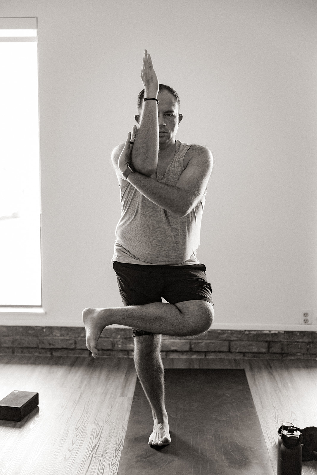 Eagle pose demonstration during yoga practice